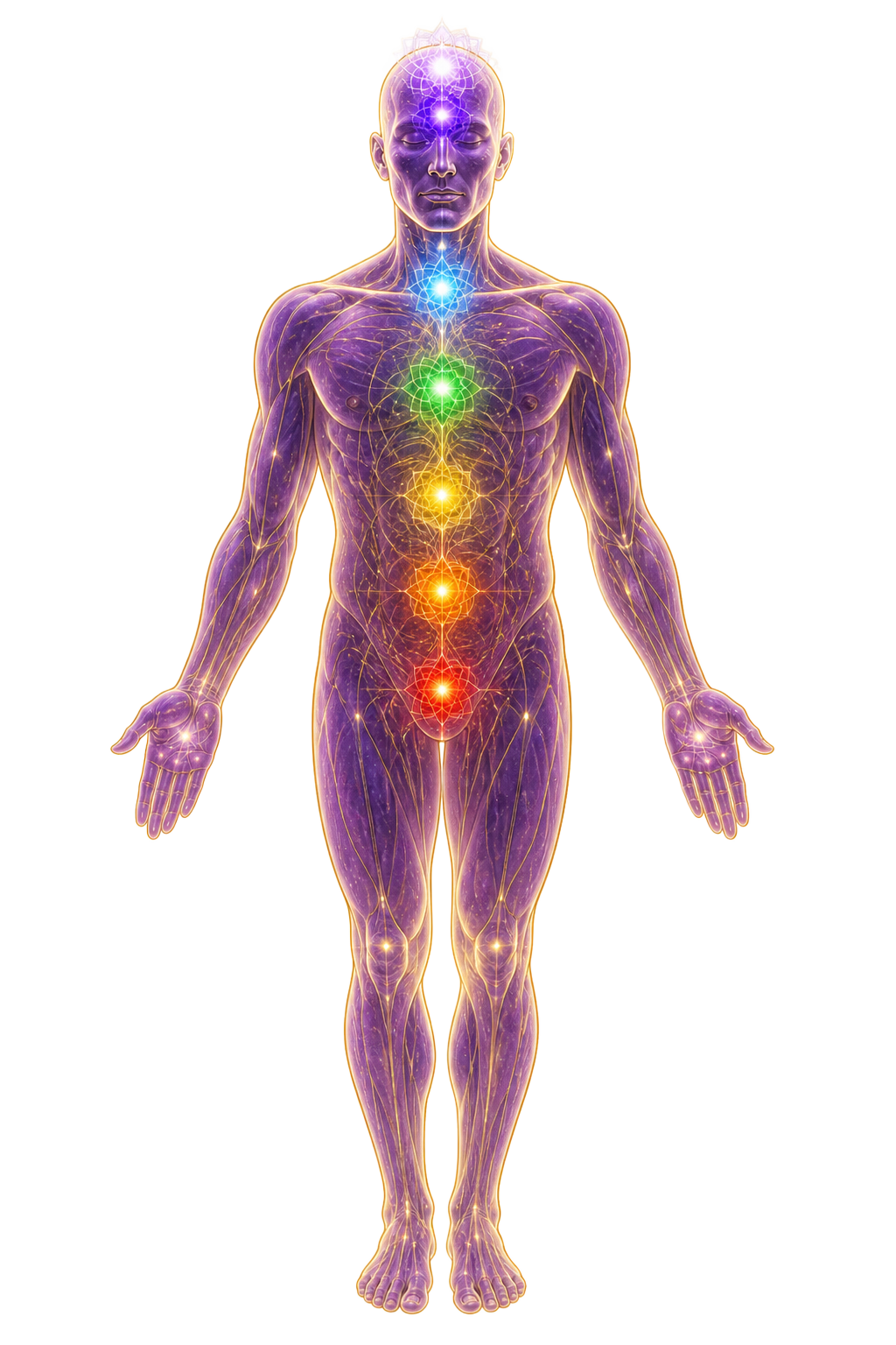 Luminous figure with seven chakras aligned along the spine, surrounded by a pulsating biofield